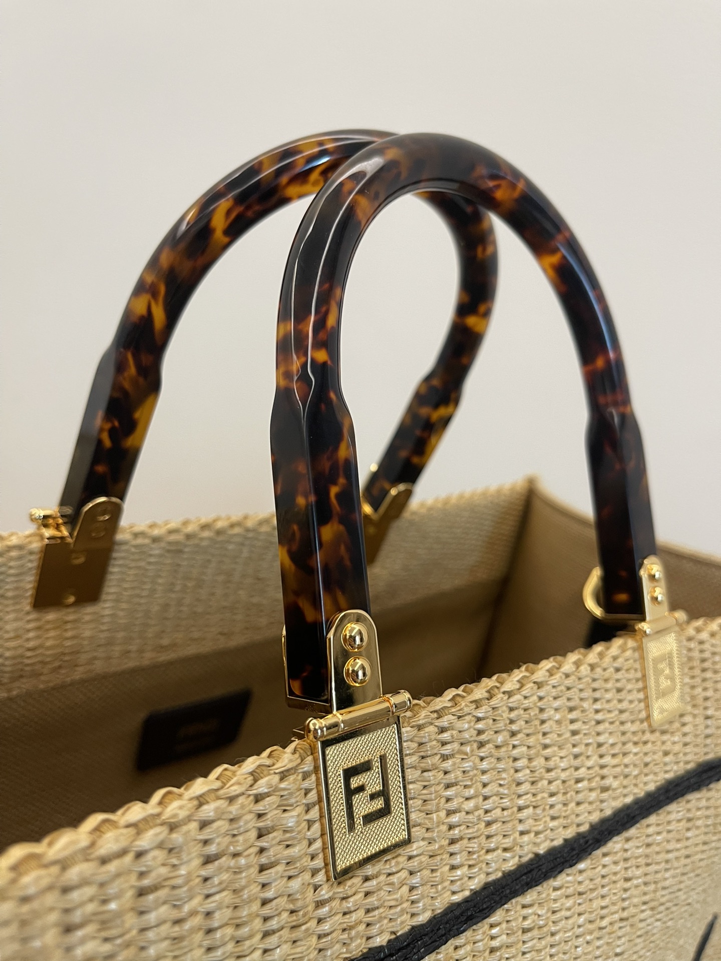 Fendi Medium Sunshine Shopper Black Leather and Beige Cotton Bag